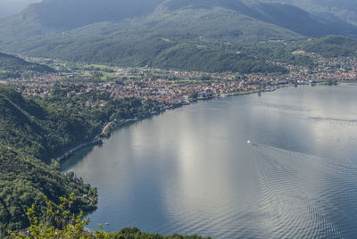 High angle view of river amidst mountains