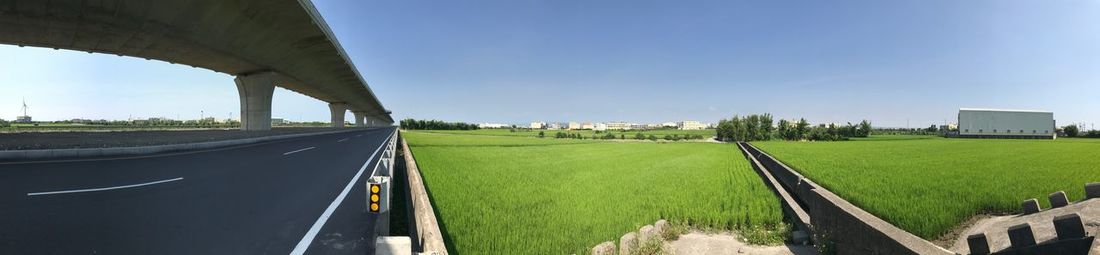 Panoramic shot of road amidst field against sky