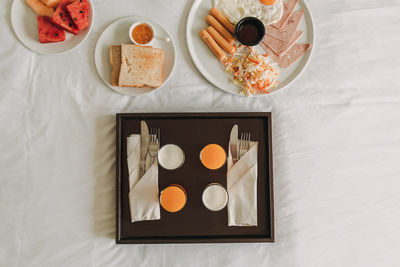 High angle view of breakfast on table