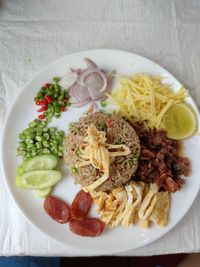 High angle view of meal served on table