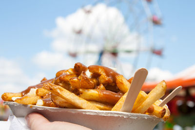 Cropped hand holding french fries against ferris wheel