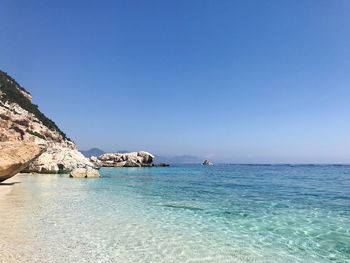 Scenic view of sea against clear blue sky