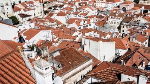 High angle view of houses in town