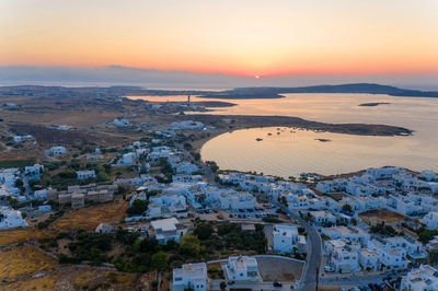 High angle view of townscape against sky during sunset