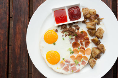 Directly above shot of breakfast served on table