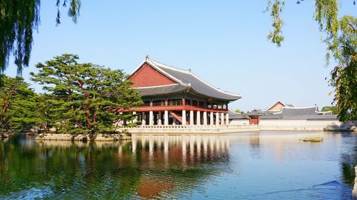 Built structure by lake against sky