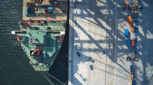 High angle view of a ship with cranes