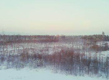 Scenic view of landscape against clear sky during winter