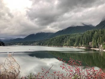 Scenic view of lake and mountains against sky