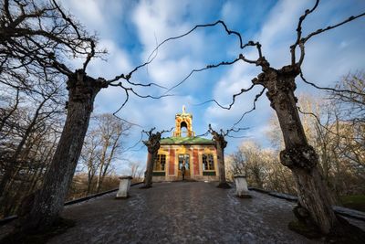 Church by trees and building against sky