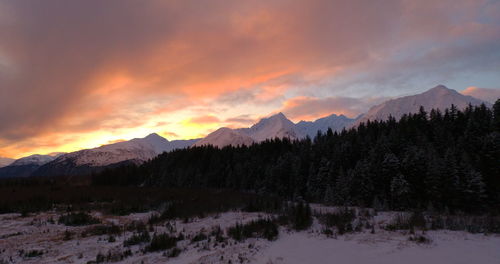 Scenic view of snowcapped mountains against sky during sunset