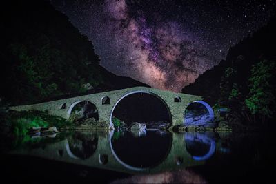 Reflection of man in water at night