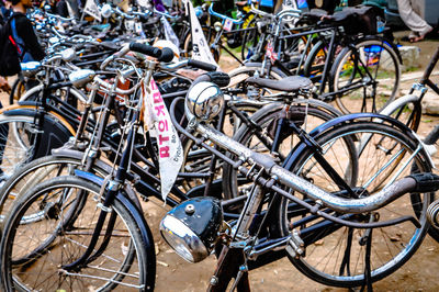 High angle view of bicycles parked on street