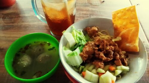 Close-up of meal served on table