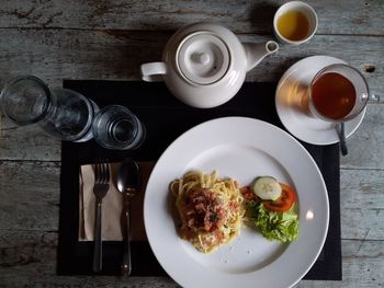 Directly above shot of food served on table