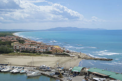 High angle view of sea against sky during sunset
