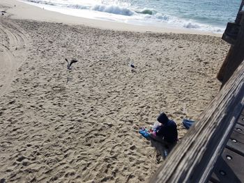 High angle view of man on beach