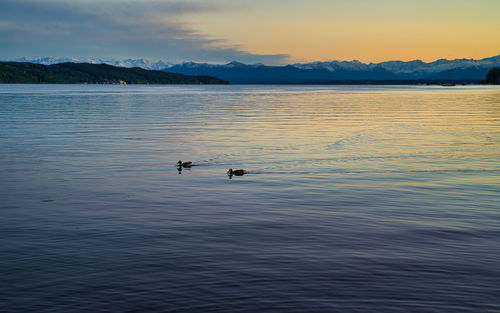 Scenic view of lake against sky during sunset