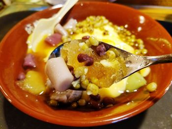 High angle view of dessert in plate on table