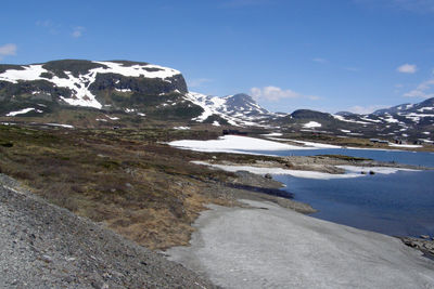 Scenic view of snowcapped mountains by lake against sky