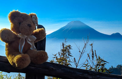 Low angle view of stuffed toy on mountain against blue sky