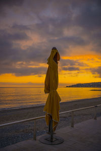 Rear view of man standing at beach during sunset