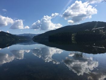 Scenic view of lake and mountains against sky