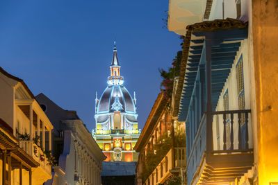 Illuminated cartagena cathedral at night