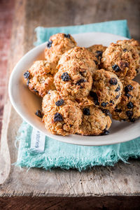 High angle view of cookies served in plate on table