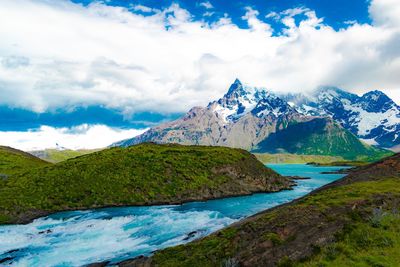 Scenic view of snowcapped mountains against sky