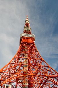 Low angle view of communications tower against cloudy sky