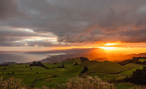 Amazing sunrise, view over the island, azores travel destination, portugal, atlantic ocean.