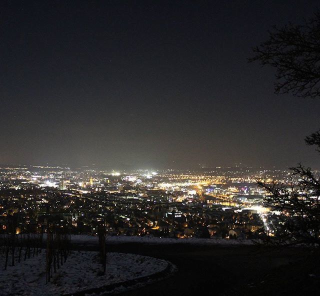 night, illuminated, cityscape, city, architecture, built structure, building exterior, copy space, clear sky, crowded, dark, city life, skyscraper, high angle view, modern, residential district, sky, outdoors, tree, capital cities