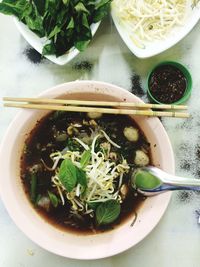 Close-up of soup in bowl on table