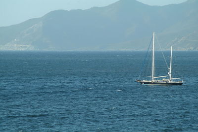 Sailboat sailing on sea against sky