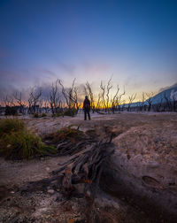 Man standing on field against sky during sunset