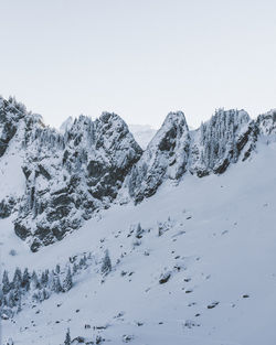 Scenic view of snow covered mountains against clear sky