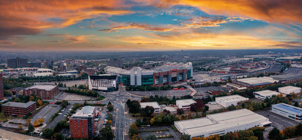 Aerial view of iconic manchester united stadium in england.