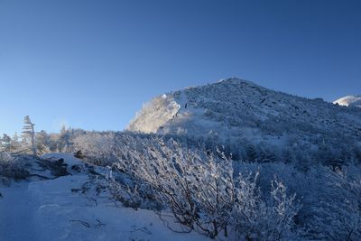 Snow covered landscape against clear blue sky