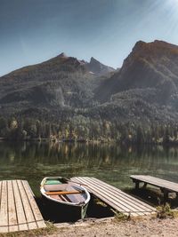 Scenic view of lake by mountains against sky