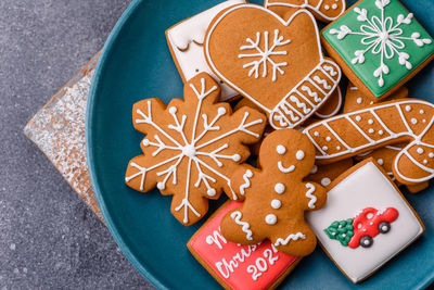 High angle view of christmas decorations on table