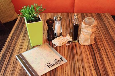 High angle view of wine bottles on table