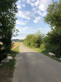 Empty road along plants and trees against sky