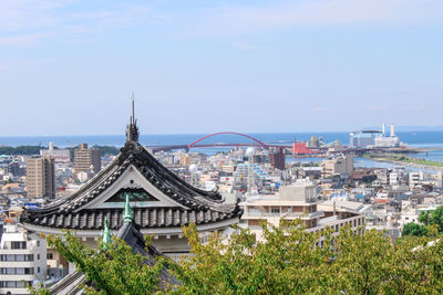 High angle view of buildings against sky