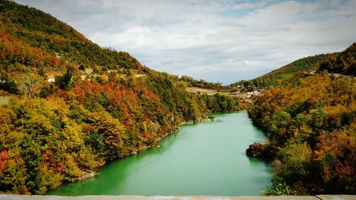 Scenic view of lake amidst trees against sky