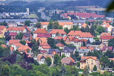 High angle view of buildings in city