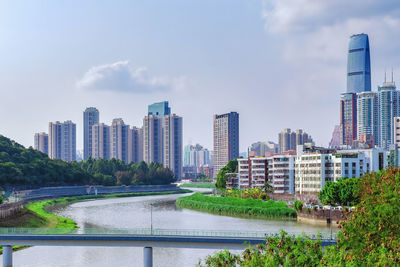 Landscape town background. beautiful cityscape with river and skyscrapers. shenzhen, china.