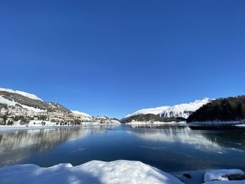 Scenic view of lake by snowcapped mountains against clear blue sky