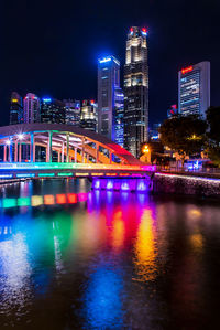 Illuminated buildings at waterfront at night