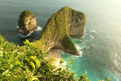 High angle view of rock turtle shape in sea. nusa penida, bali, indonesia